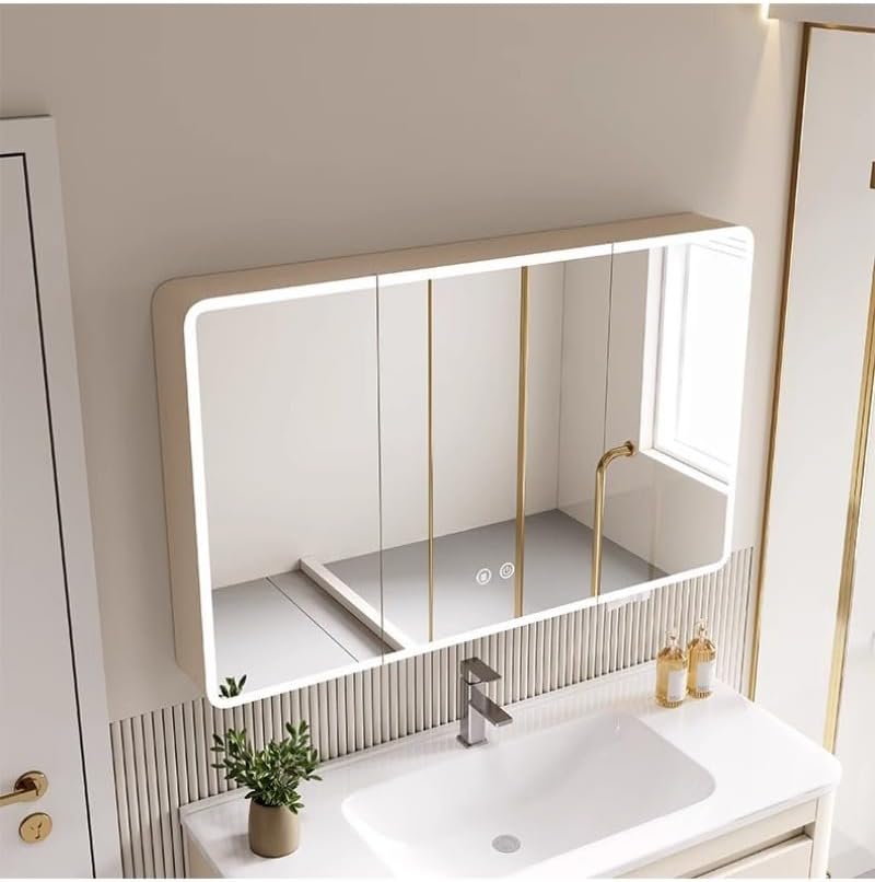 洗面化粧台 ミラーキャビネット 照明付き,LEDバスルーム防曇スマート